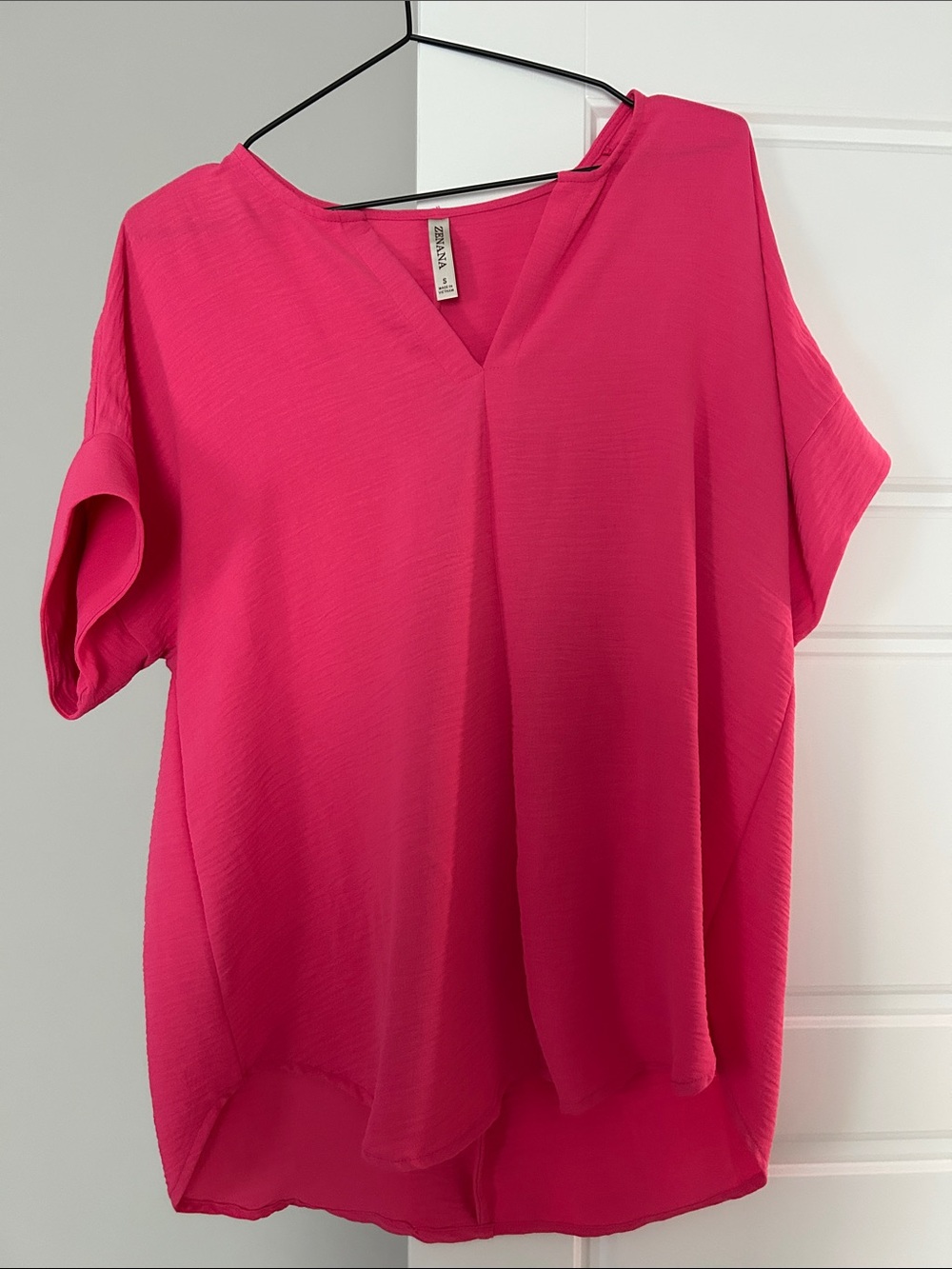 Zenana Outfitters Relaxed V-Neck Short Sleeve Blouse - Hot Pink